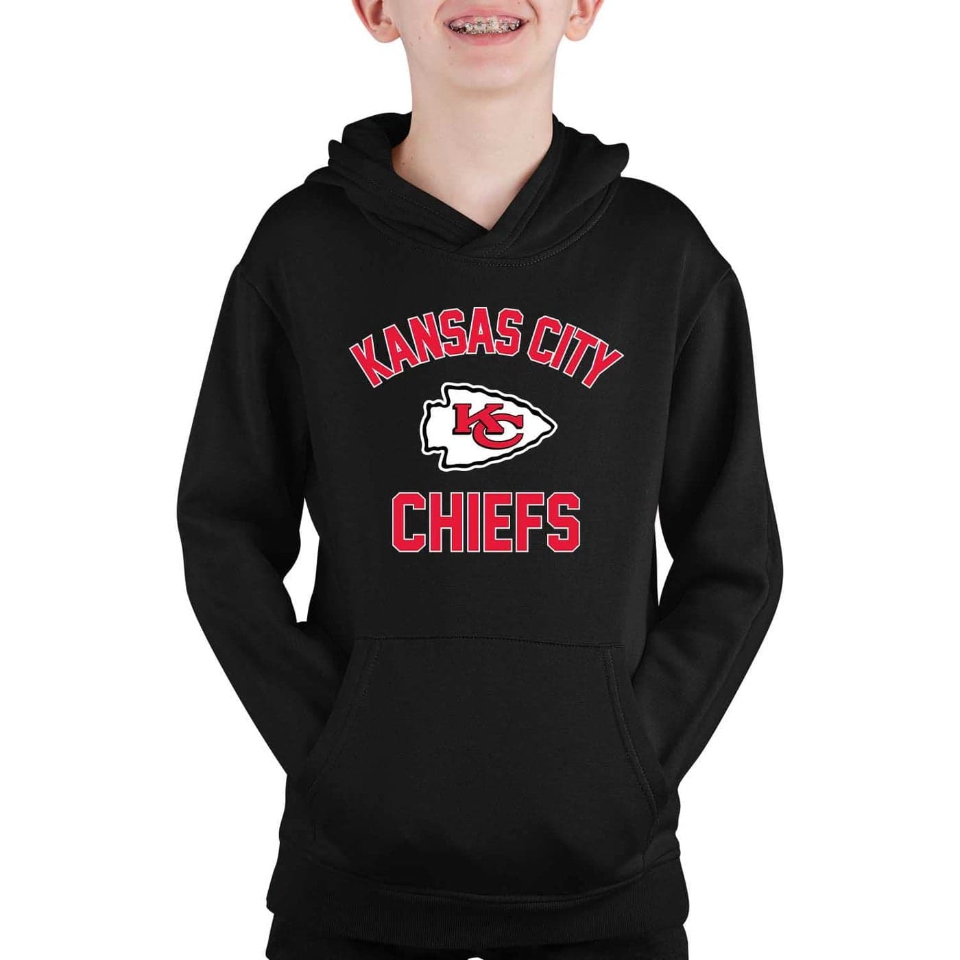 Team Fan Apparel NFL Youth Gameday Hooded Sweatshirt Pro Football Hoodie Pullover Sweatshirt Sports Apparel Boys and Girls Kansas City Chiefs Black Youth Large