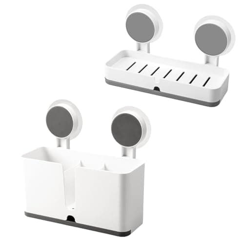 SHALVI Plastic Soap Dish & Wall Mount Self Adhesive Toothbrush Holder with Drain Tray for Bathroom |Soap Box for Bathroom | Toothbrush Holder, White
