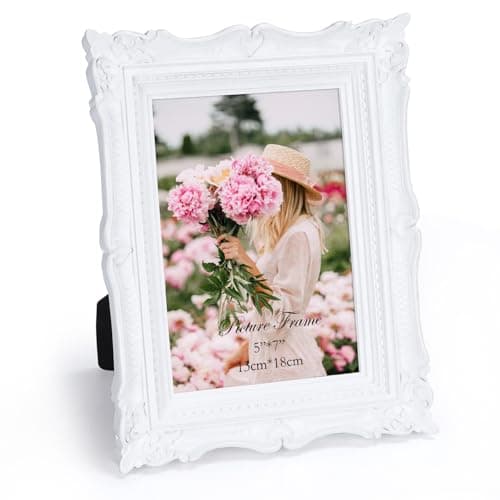 PHAREGE 5x7 White Vintage Picture Frame, 5 by 7 Ornate Antique Picture Frame for Wedding, Retro Photo Frame Displays Horizontally or Vertically On Tabletop