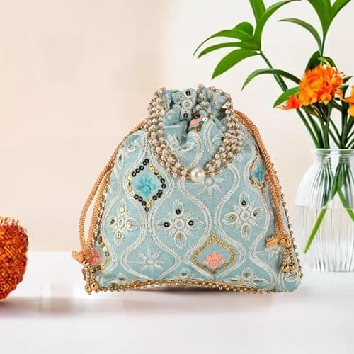 Kuber Industries Embroidery Potli Bags for Women with Pearl Handle & Drawstring | Indian Ethnic Potli Bags for Ladies for Wedding | Wrist Handbag Purse Batwa | Lakhnavi Print - Sky Blue