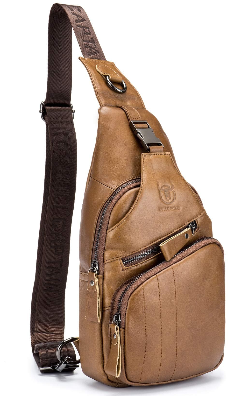 BULLCAPTAIN Leather Men Sling Bag Casual Crossbody Chest Bags Travel Daypack (Yellow brown)