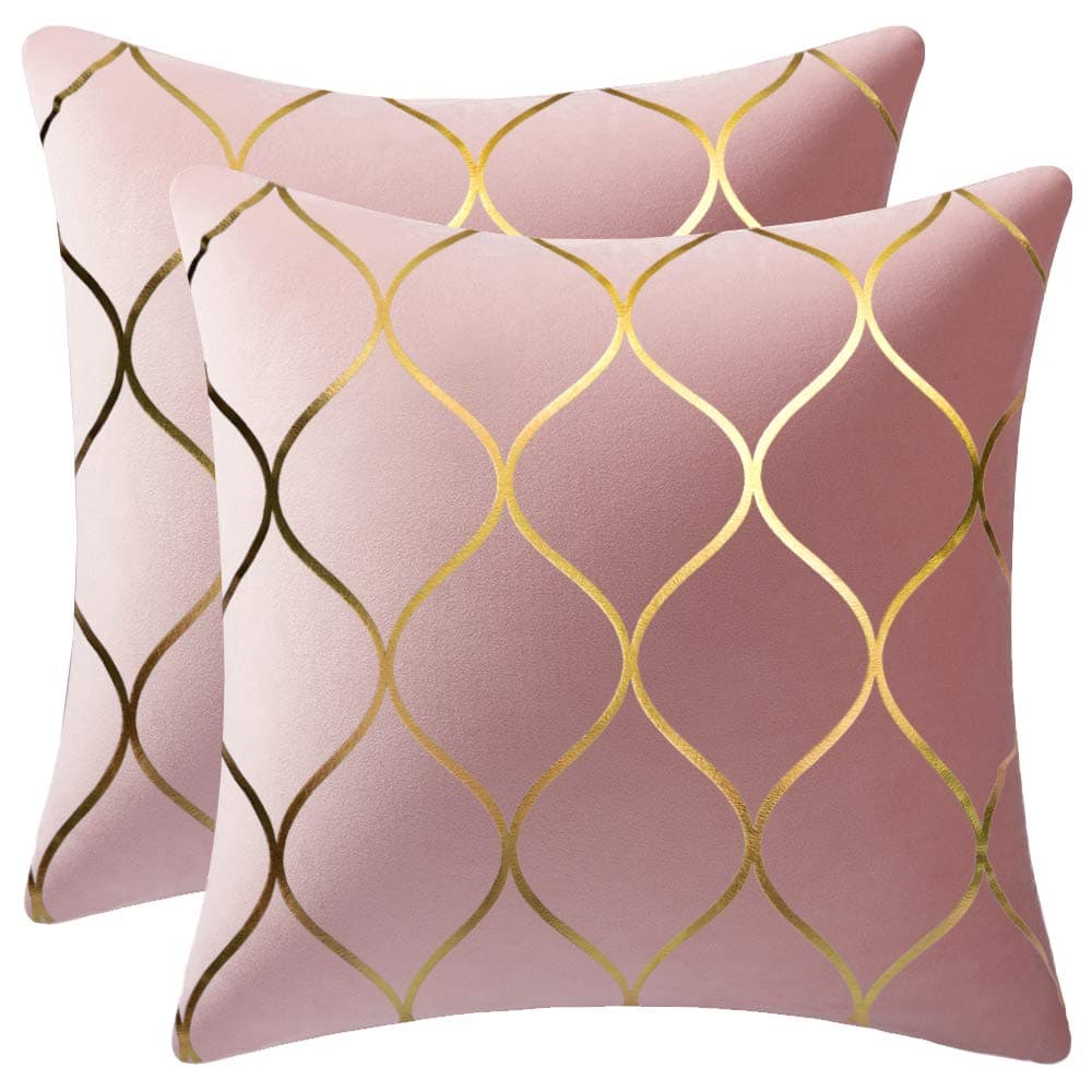 DEZENE Gold Velvet Throw Pillow Covers 2 Pack 18x18 Inch Square Decorative Pillow Cases for Bedroom Sofa Couch Living Room Pink