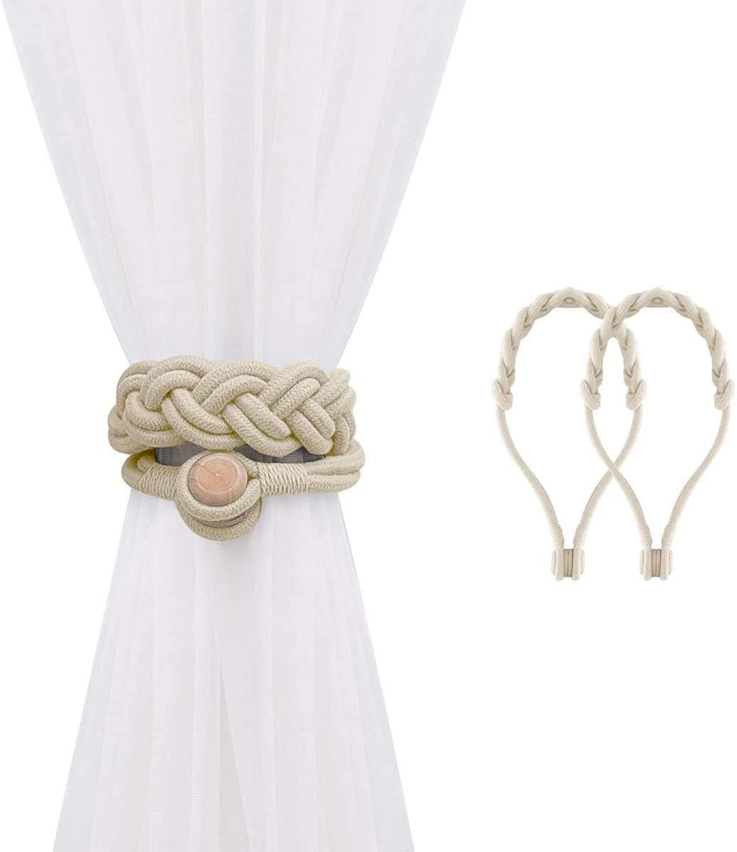 HomeCloud Magnetic Curtain tiebacks Curtain Tie Back Cotton HandKnotted Made of Cotton Rope Design Light Weight with Heavy Magnet WHI