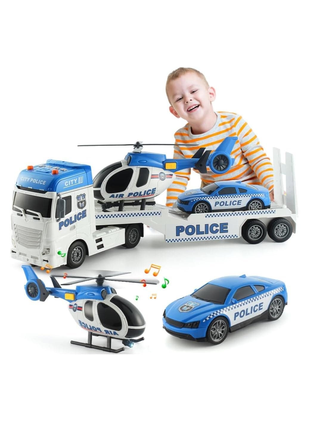 Police Transporter Truck Push & Go Rescue Playset 3-in-1 – 25 Inch Large City Semi Carrier Trailer Toy with Mini Police Cruiser & Rescue Helicopter | Interactive Lights & Sounds Inertia Vehicle Set Gift for Toddlers Boys Age 3+ (Police Trailer)