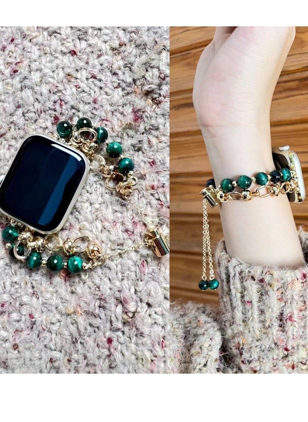 Jade Green Crystal Beaded Watch Band AppleWatch Cat's Eye Bracelet Suitable Apple Watch Band 7/8/9E 40mm