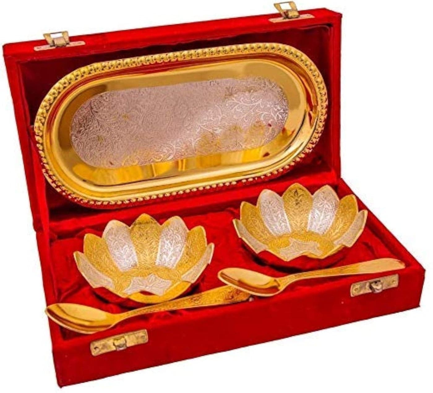 Silver and Gold Plated Metal Bowls Set with Spoons and Tray. Best Wedding Return Gift. in Velvet Gift Box. Set of 5 pcs Set