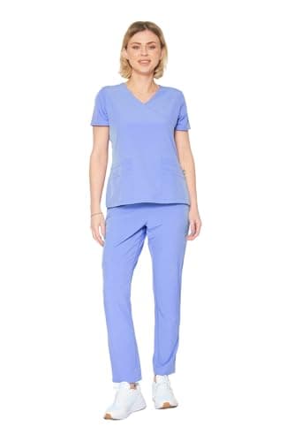 Dagacci Medical Uniform Women's Fitted 4-Way Stretch Y Neck Natural Stretch Scrub Set, Ceil Blue, M