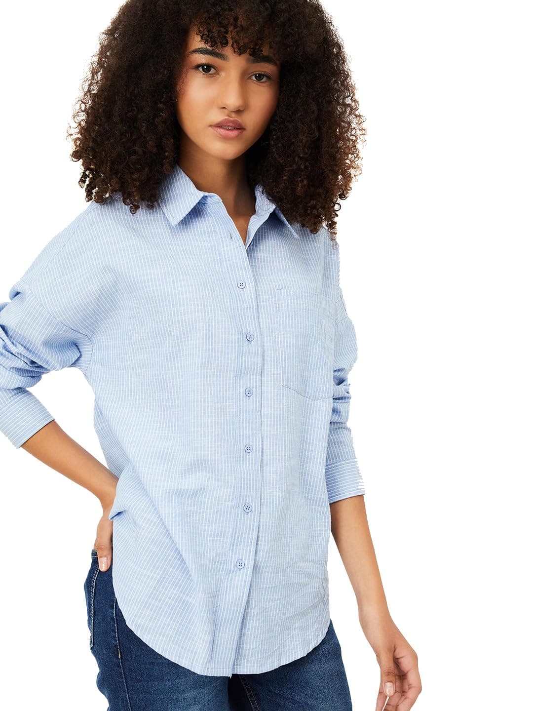 Max Women Striped Oversized Shirt(Blue_S)