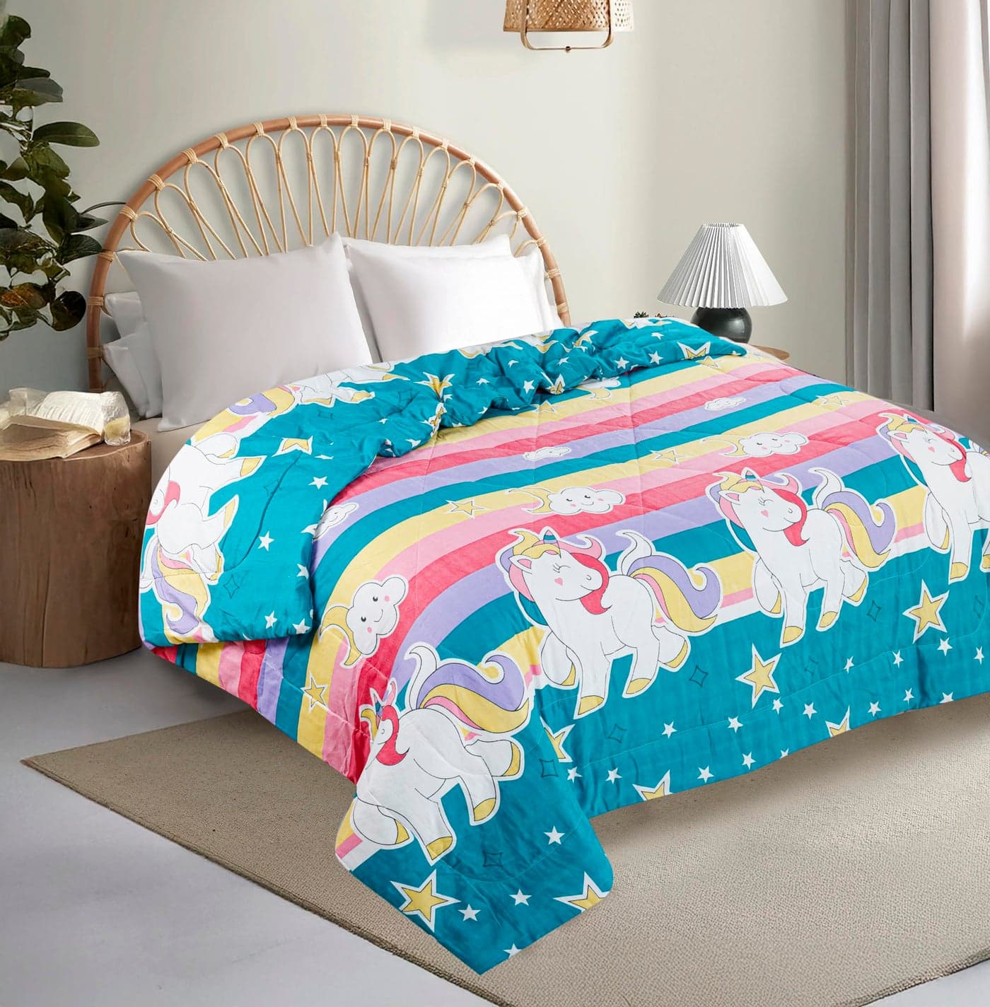 CHANDRAVATI 240 GSM Microfiber Reversible AC Comforter/Quilt/Duvets/Summer Blanket, Cozy & Lightweight All-Season Bedding King Size (Blue -Star, Single)