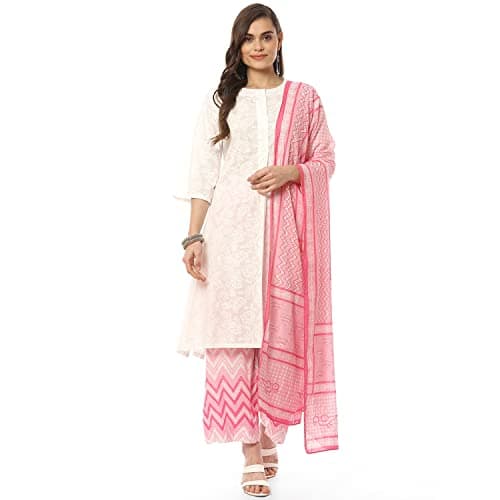 Biba Women's Cotton PRINTED STRAIGHT SALWAR KURTA DUPATTA(SKD8052_WHT/PNK_34), Medium, White