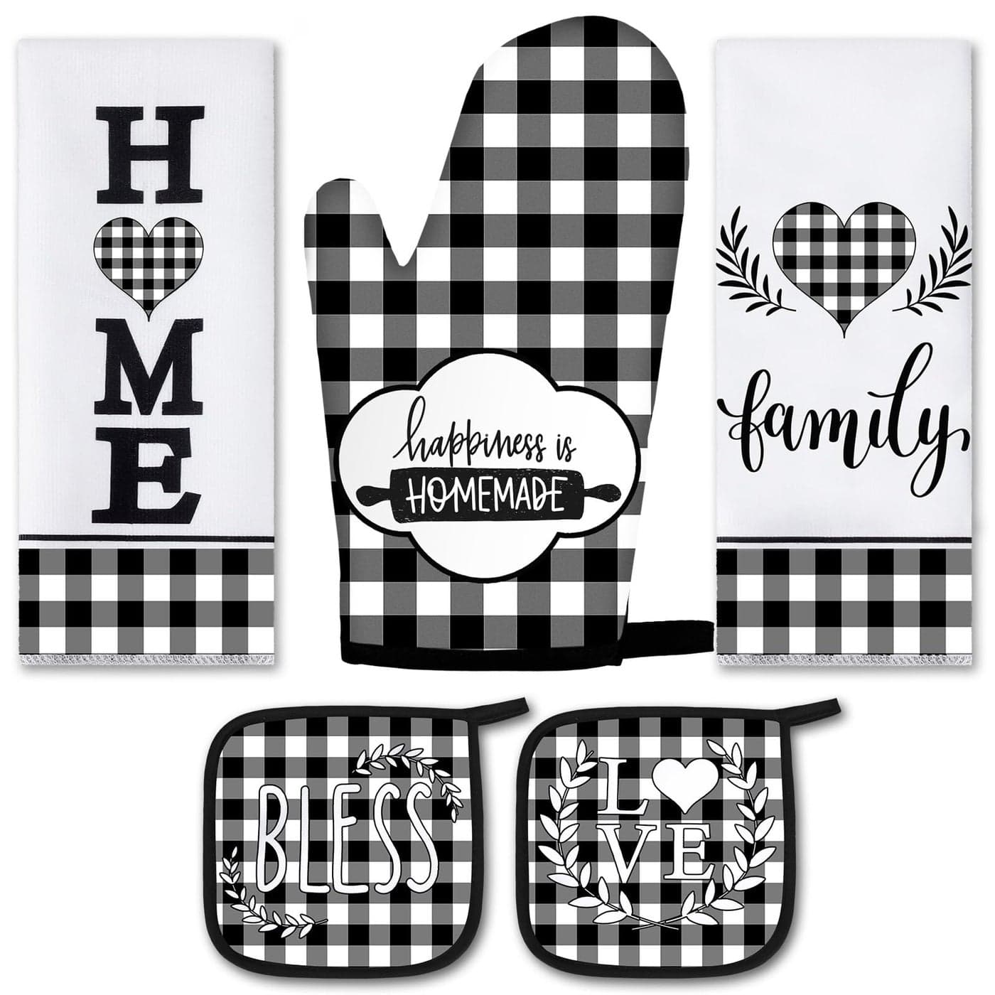 5 Pieces Buffalo Plaid Kitchen Towels Oven Mitts and Pot Holder Set Black and White Kitchen Towels Oven Gloves Hot Pads Pot Holders for Farm House Accessories DecorHeart