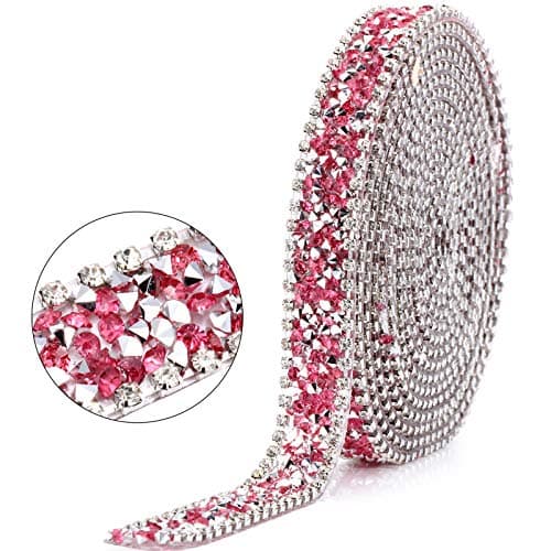 3 Yards x 06 Crystal Rhinestone Ribbon Pink Iron on Bling Rhinestone Trim Sparkling Diamond Ribbon Roll Decorative Sewn on Banding Belt Wrap Hot Fix Applique Embellishment for Wedding Crafts Cakes