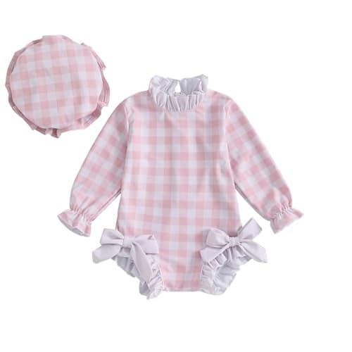 Baby Girl Swimsuit Baby Girls Long Sleeve One Piece Swimsuit Romper with Hat Bathing Suit Beach Rash Guard (aa-r-Pink, 12-18 Months)