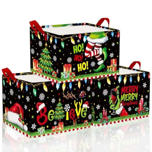 Geelin 3 Pcs Green Christmas Baskets Storage Black Green Merry Christmas Basket for Gifts Collapsible Waterproof Canvas Xmas Storage Bin Organizer with Handles for Book Closet Shelf Nursery Decor