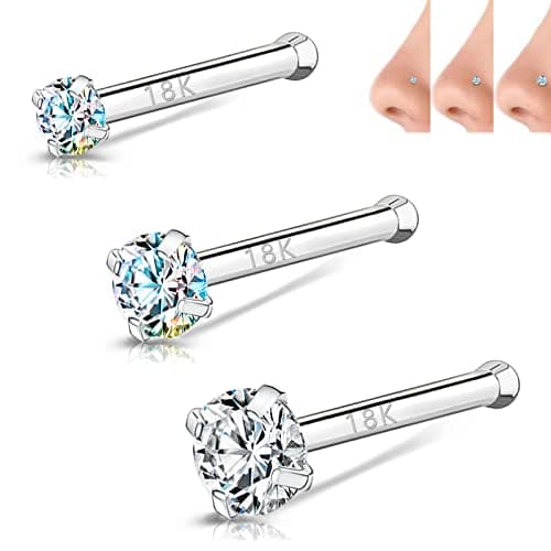 BodyAce 18K White Gold Nose Rings for Women Men, 20g Real Solid 18k Nose Rings Studs, Simulated Diamond Nose Piercing Jewelry 1.5mm 2mm 3mm (A:Bone)