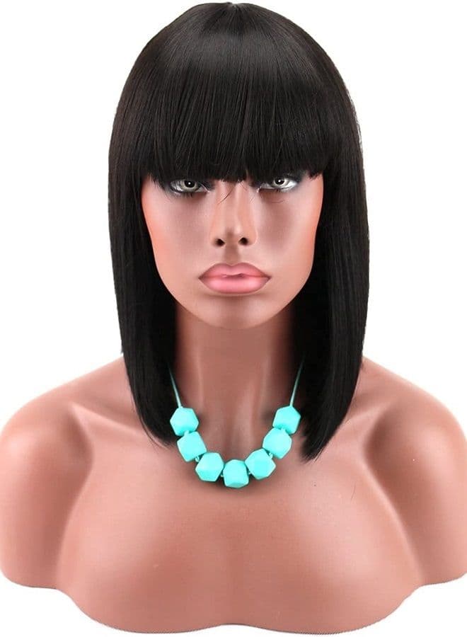 Women's Short Black Bob Wigs with Hair Bangs Synthetic Full Hair Wig Heat Resistant Short Straight Black Wig for Women