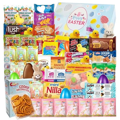 Easter Gift Basket 82 Count Care Package with Treats Snacks Cookies Candy Gift Box for Friends Family