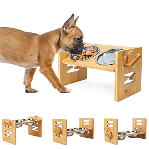 Elevated Dog Bowls Adjustable Raised Tilted French Bulldog Food Water Bowl Slanted Bamboo Pet Feeding Station with Stainless Steel Bowl for Small Medium Dogs Cat Kitten Flat Faced Puppy Feeder