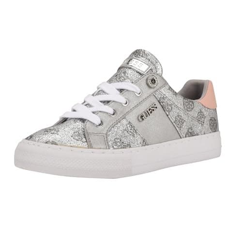 Guess Women's Loven Sneaker, Silver/Pink Glitter Logo 099, 5