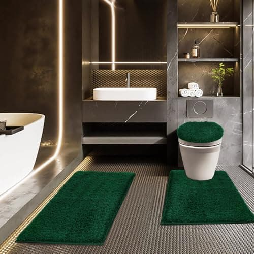 Baahrnom Bathroom Rugs Sets 3 Piece with Adjustable Toilet Seat Cover 17.5"x 15" Machine Washable Bath Rug Set with TPR Non Slip Rubber Backing Solid Bath Mat Set for Luxury Bathroom Decoration