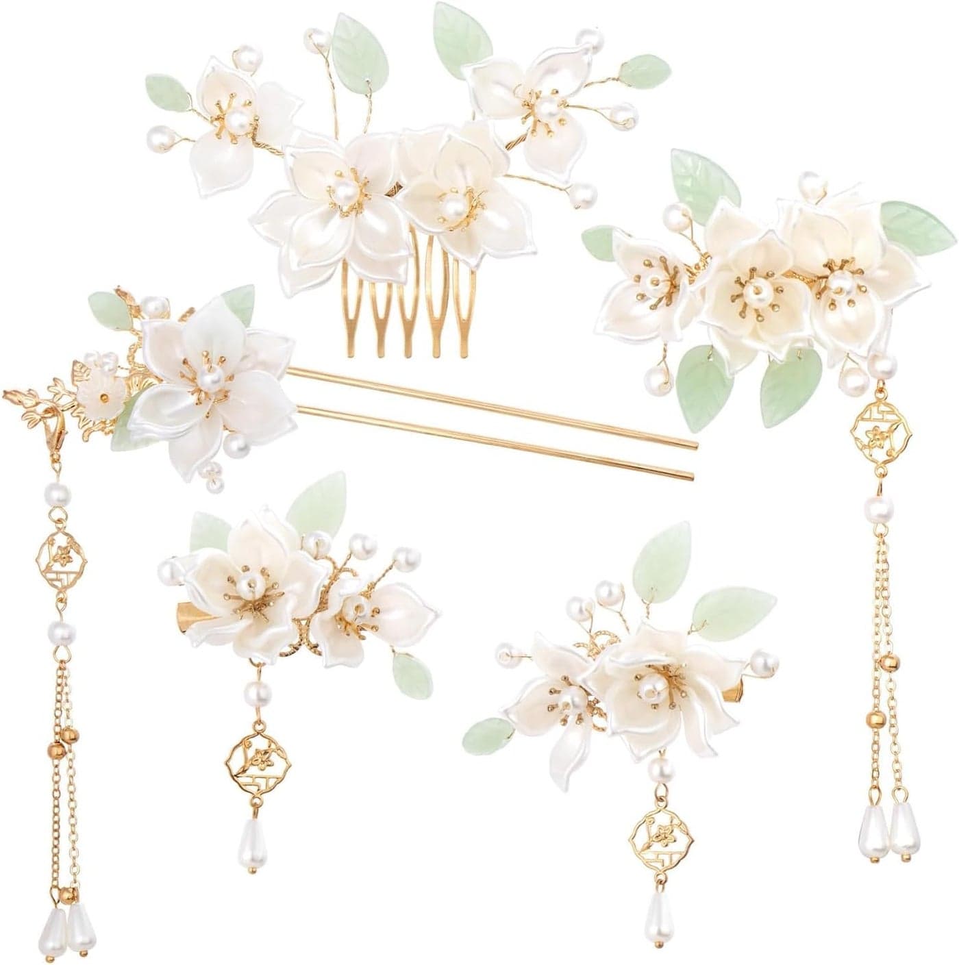Five Pieces of Mountain Camellia Flowers, Crystal Rhinestone Pearl Hair Jewelry, Retro Chinese Style Hanfu Wedding Bride Hair Accessories, Tall Long Hair Accessories, Suitable for Ladies and Girls