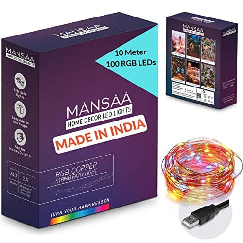 MANSAA 100 LED Fairy String Lights 10 Meter Copper Wire, USB Powered Multicolor Lights for Bedroom, Diwali, Wedding, Party, Curtain, Balcony & Home Decoration Lighting (Multicolor Pack of 1)