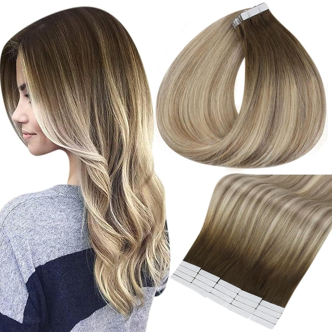 Full Shine 22 Inch Tape Human Hair Extensions Seamless Pastel Invisible Tape Real Hair Extensions Dark Brown Roots Color 3 Fading to 8 and 22 Blonde Highlighted Balayage Tape Hair Extensions