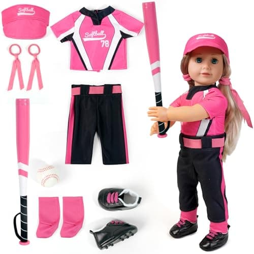 ARTST Softball Uniform Doll Outfit18 inch Doll Clothes and Accessories SetHat Baseball Clothing Bat Shoes Socks Valentines Gifts for Girls Spring TBall