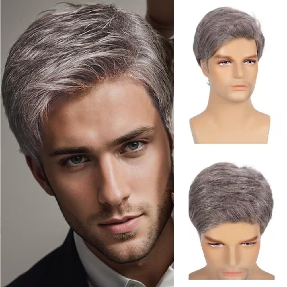 Swiking Men Wigs Short Grey Straight Natural Synthetic Cosplay Hair Wigs for Male Guy Daily Full Wig Blonde Mix Grey