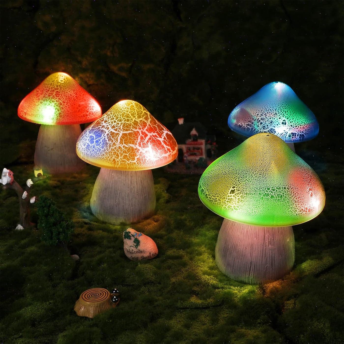 2 Pcs Large Solar Mushroom Light Outdoor Garden Waterproof Cute Mushroom Shaped Pathway Landscape Lights 2 Modes Automatic Change and 5 Lamp Beads for Yard Landscape Decoration Red Yellow