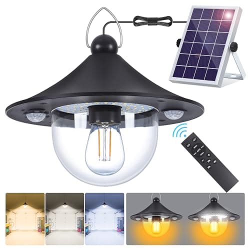 ropelux Solar Indoor Outdoor Shed Light with 3000LM 3 Color Temperatures 5 Modes (2 Daytime Available) Waterproof, Dual Motion Sensors Solar Powered Hanging Barn Light with Remote for Shed, 1 Pack
