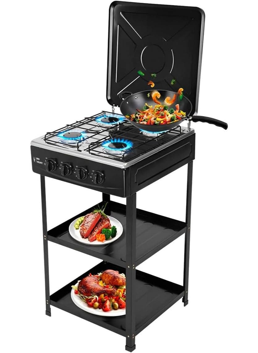 4-Burner Portable Camping Stove with Wind Blocking Cover, 2-Tier Storage Rack & Manual Ignition – Adjustable Gas Burners, Compact Foldable Design for Outdoor Cooking, Picnics, RV Trips