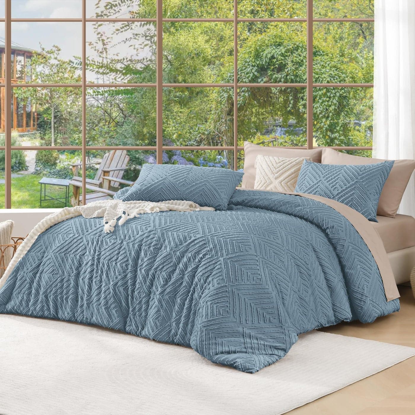 Andency Grayish Blue Comforter Set King Size 3 Pieces Boho Bedding Set Collections Farmhouse Tufted Fluffy Bedding Comforter Sets for King Bed 1 Comforter 104x90In 2 Pillowcases