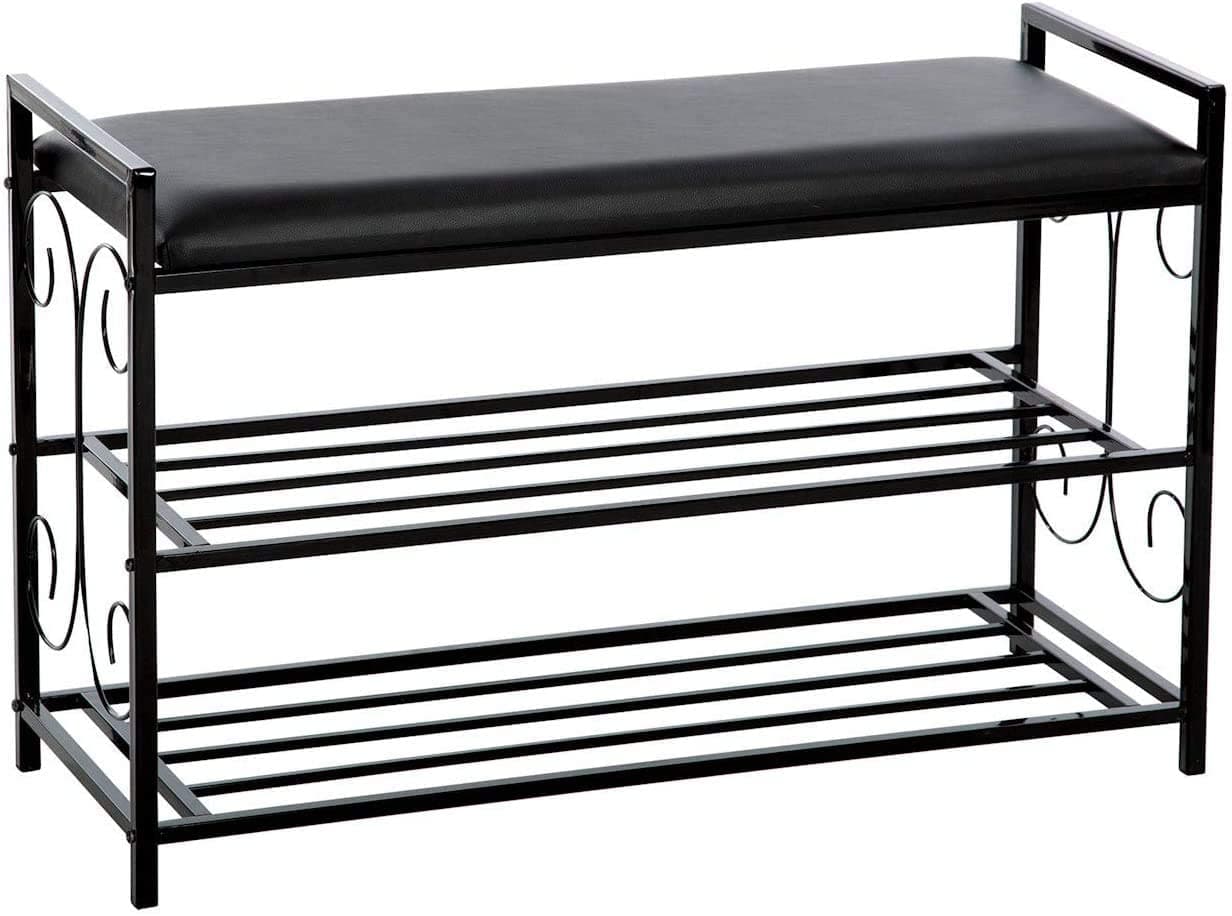 Indian Decor. 45470 Metal Design 3 Tier Entryway Shoe and Sitting Storage Bench, Shoe Bench with Storage and Cushion (Black)