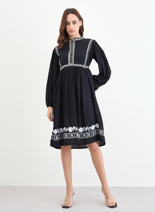 Black Floral Print Knee Length Dress