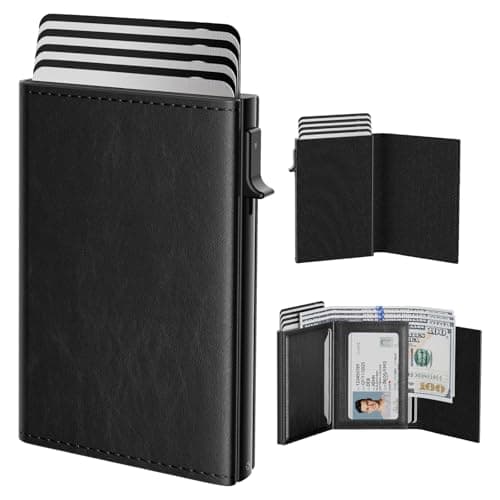 typecase Mens Wallet Card Holder: Pop Up Aluminum Case, Genuine Leather, Smart, RFID Blocking, Slim, Minimalist, Front Pocket - 9-14 Card Capacity | ID Window | Cash Slot - Oil Wax Black