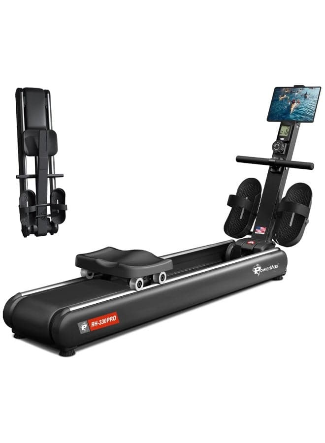 PowerMax Fitness RH-330PRO Premium Rowing Machine for Home Use | 130KG Max User | 16-Level Magnetic Resistance | Foldable Cardio Rower, Bluetooth for Fitshow app, Aluminium Rail for Full Body Workout