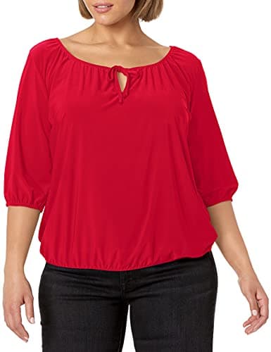 Star Vixen womens 3/4 Sleeve Peasant Elastic-hem Keyhole-tie Top Blouse, Red, X-Large US