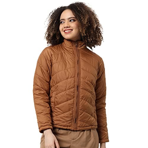 Campus Sutra Women Brown Puffer Regular Fit Bomber Jacket For Winter Wear | Standing Collar | Full Sleeve | Zipper | Casual Jacket For Woman & Girl | Western Stylish Jacket For Women