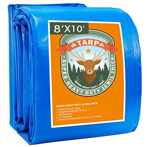Tarps Heavy Duty Waterproof 8x10, Blue Tarp, Waterproof Plastic Poly 16 Mil Thick Tarpaulin with Metal Grommets Every 19.5 Inches - Emergency Rain Shelter, Outdoor Cover, and Camping Use