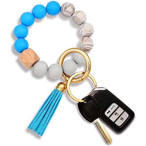 NVENF Silicone Bead Keychain Bracelet Large Keyring Elastic House Car Key Ring Wristlet Bangles Sky Blue