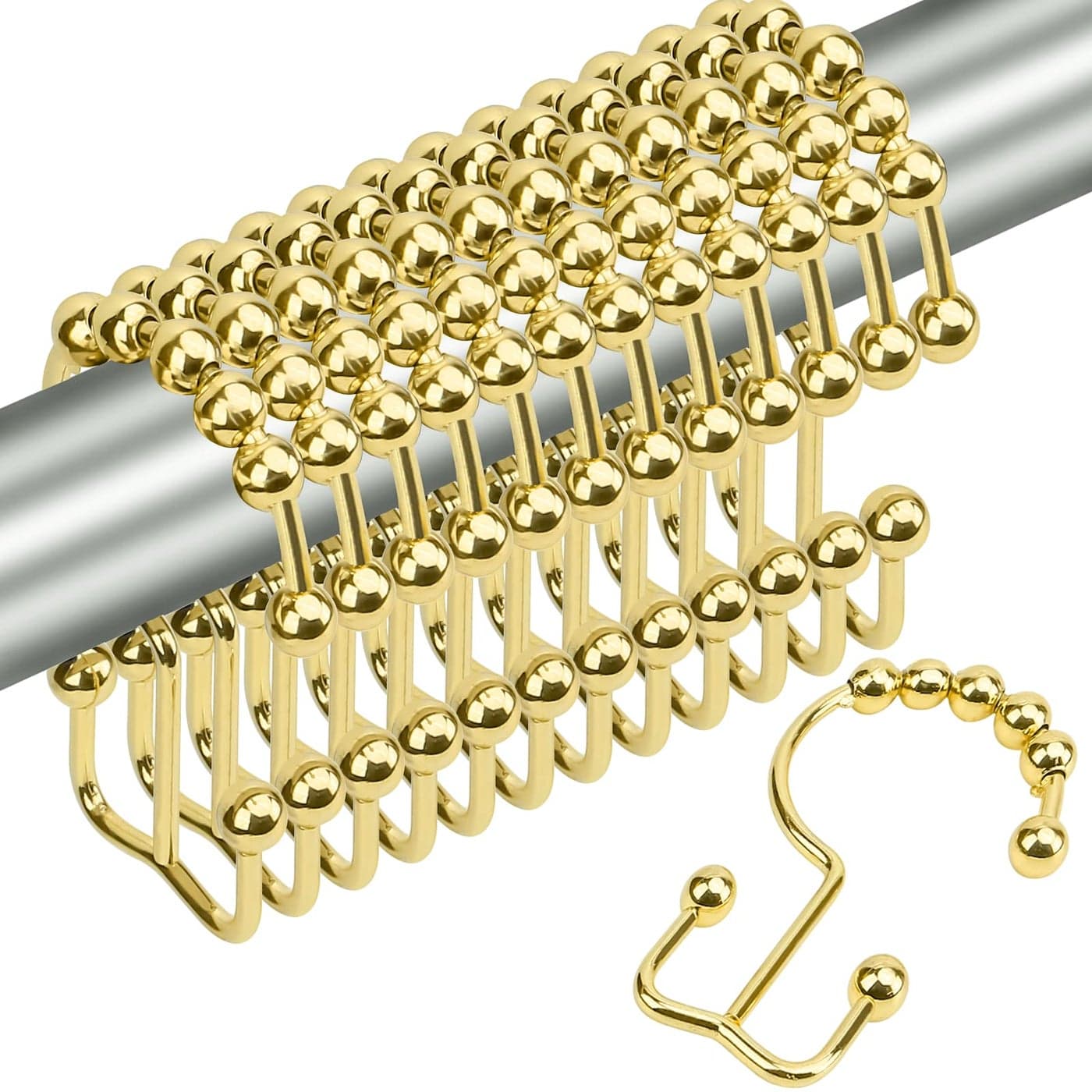 Gidse Shower Curtain HooksSturdy Stainless Steel Double Sided Shower Hooks Rings for Bathroom Shower Curtain Rods Curtains Set of 12 Hooks Gold