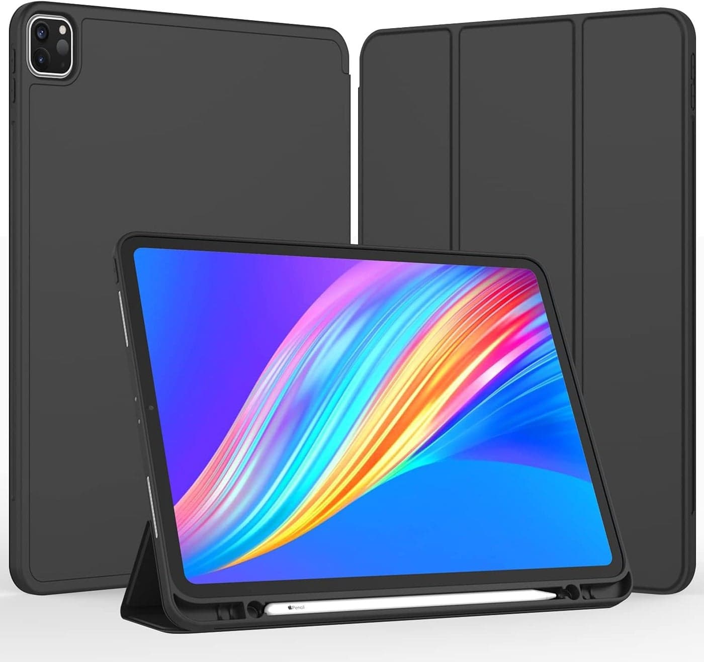 Printme Case for iPad Pro 12.9 Case 6th/5th/4th/3rd Gen with Pencil Holder, Trifold Stand Smart Cover with Soft TPU Back for iPad 12.9 Pro Case 2022/2021/2020/2018, Auto Wake/Sleep (Black)