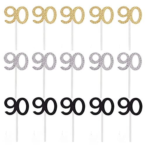 Festiko®36 Pieces Glitter Number 90 Cupcake Toppers for 90th Birthday Cupcake Decoration 90 Birthday Party Supplies