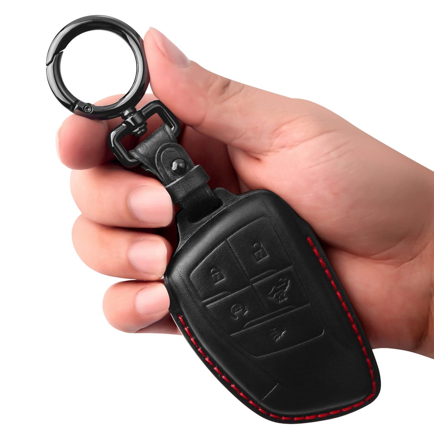 Tukellen Genuine Leather Key Fob Cover Smart Key Holder Sleeve Fit for 20212026 Chevy Chevrolet Colorado Equinox Silverado GMC Canyon Sierra Terrain Yukon Denali Suburban Tahoe BuickBlackRed line
