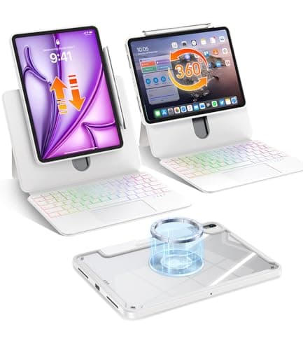 Clear Magnetic Keyboard Case for Air 11 Inch (M4/M3/M2, 2026/2025/2024) & iPad Pro 11/ Air 5th/4th Gen, 7-Color Backlight & Native Gesture Trackpad, Lift Top Detachable Cover w/Pen Holder, White