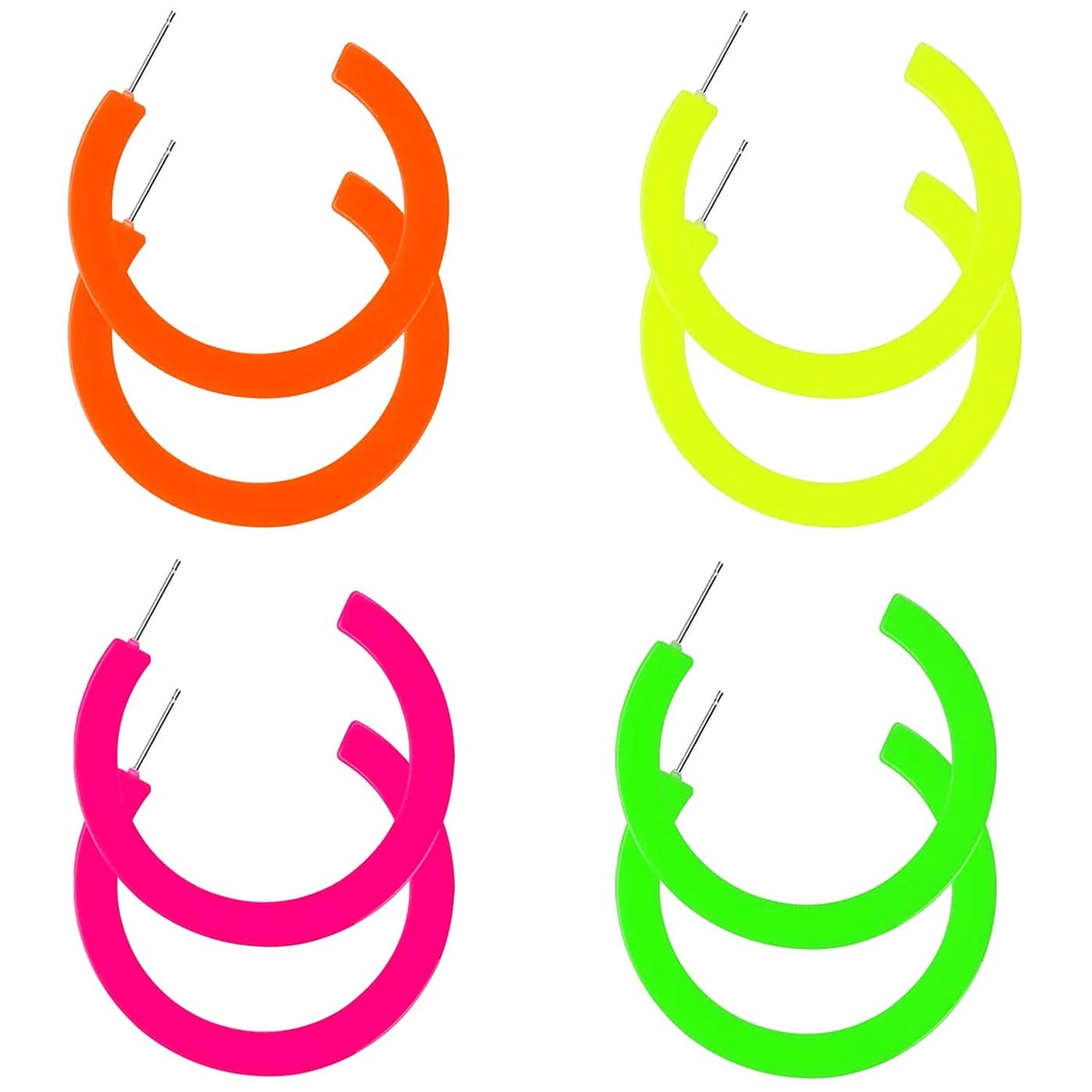 JELIEE 4 Pairs 80S Candy Color Acrylic Neon Round Earrings for Women Retro Colorful Hoop Stud Earrings Pendant for 80S Costume Dancing Party Accessory