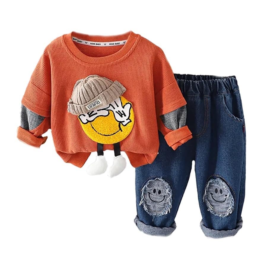 Bold N Elegant Kids Full Length Uptown Sweatshirt with 3D Smiley Patch and Jeans Party Dress for Infant Toddler Baby Boys N Girls (Orange, 18-24 Months)