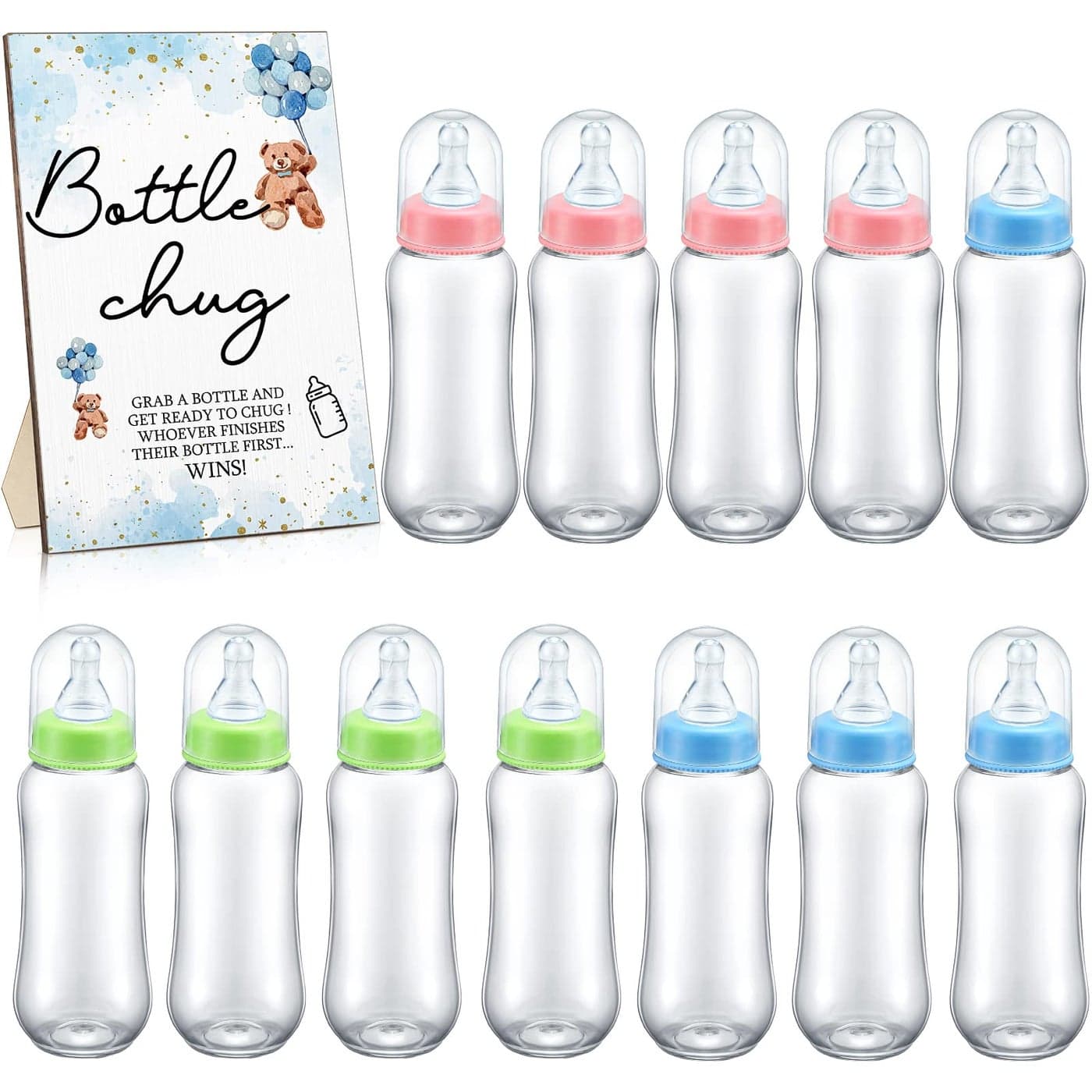 Roowest Bottle Chug Baby Shower Game Favors 12 Pcs Baby Bottles Shower Favor with 1 Wooden Sign for Gender Reveal Party Supplies GiftsBear