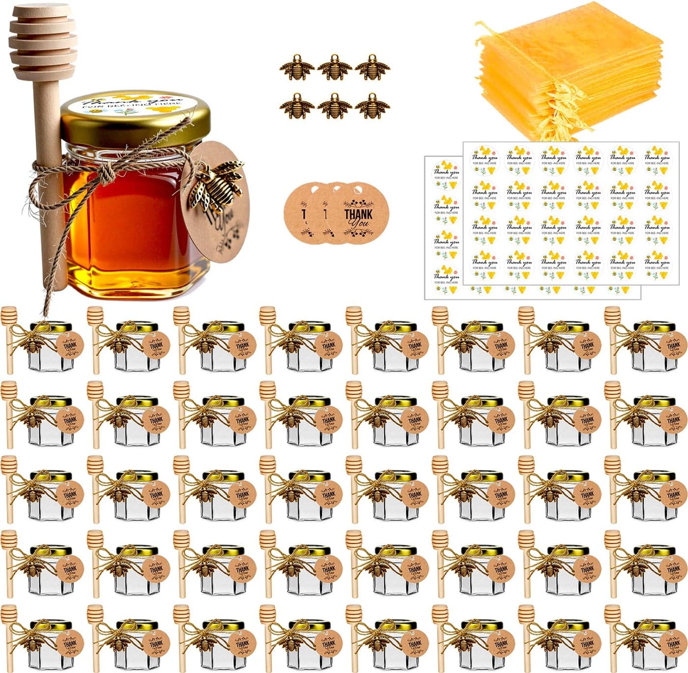 DnayDkiy Honey Jar Glass Honey Pot 15oz 40 Pack Mini Honey Jars with Dipper Bee Charm Jutes Thankyou Card Gold Gift Bags and Stickers Pefect for Baby Shower Favors Wedding Favors